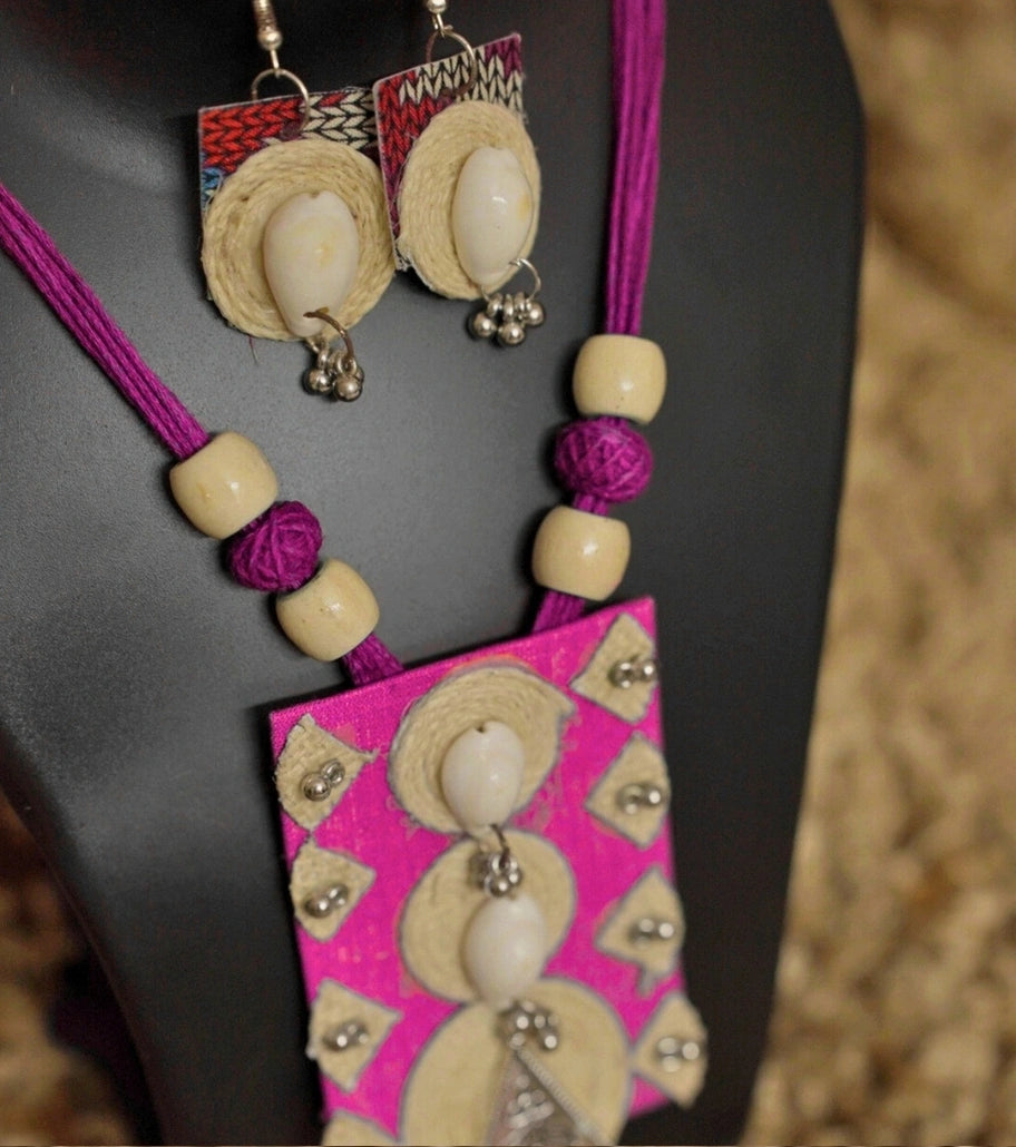 Tribal Essence Jute Cowrie Necklace Set – Magenta Edition | Handcrafted Tribal Necklace with Cowrie Shells & Oxidized Metal Pendant