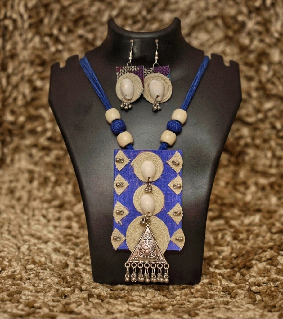 Tribal Essence Jute Cowrie Necklace Set – Magenta Edition | Handcrafted Tribal Necklace with Cowrie Shells & Oxidized Metal Pendant