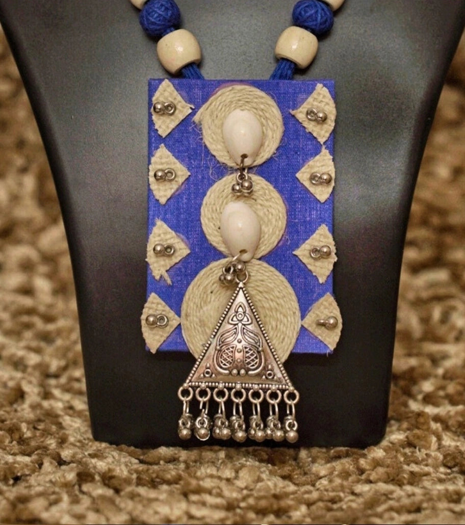 Tribal Essence Jute Cowrie Necklace Set – Magenta Edition | Handcrafted Tribal Necklace with Cowrie Shells & Oxidized Metal Pendant