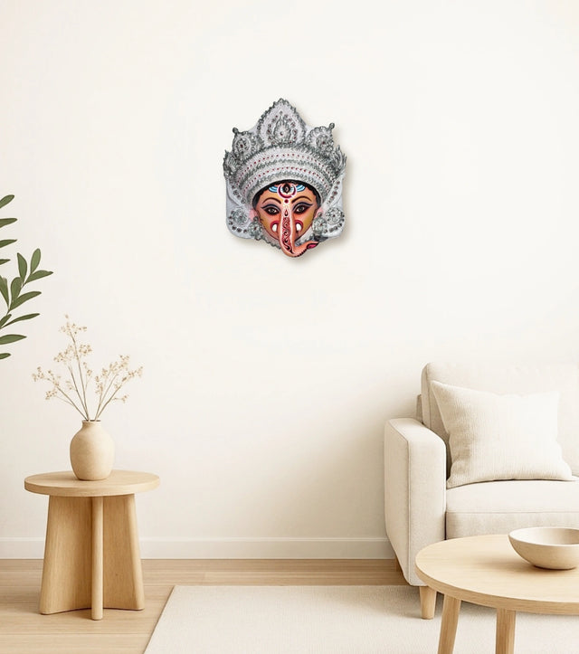 Raahr Ganesh: Divine Sparkle Purulia Chau Mask | Handcrafted Lord Ganesha with Silver & Mirror Work | Folk Art Décor - Retail Maharaj