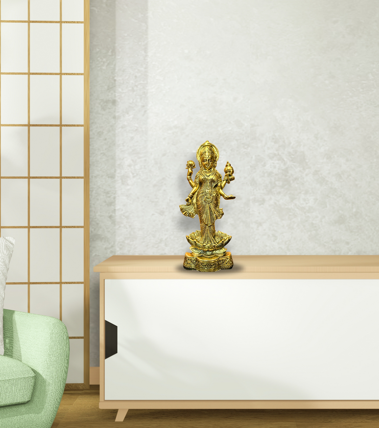 Goddess Laxmi on a Lotus in Alloy Metal – Antique Finish Sculpture for Prosperity & Home Décor