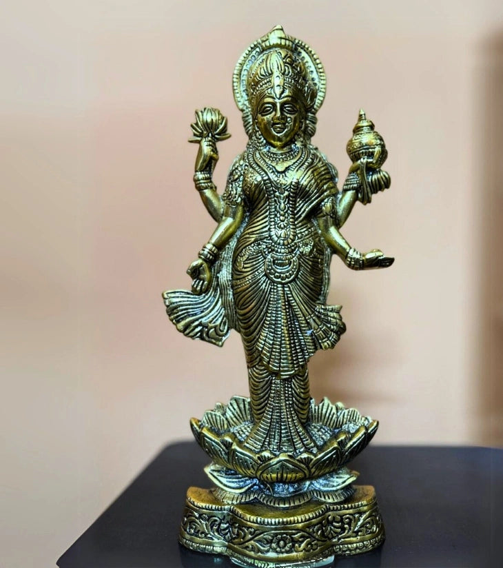 Goddess Laxmi on a Lotus in Alloy Metal – Antique Finish Sculpture for Prosperity & Home Décor