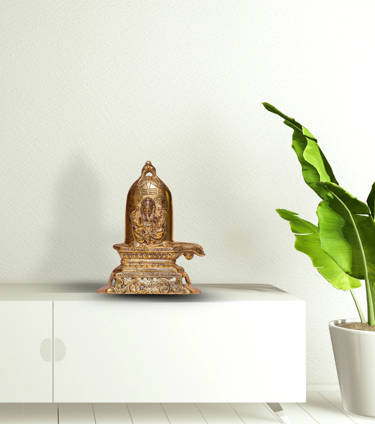 Lord Ganesha on Shivling – Antique Brass Metal Idol for Divine Unity & Spiritual Décor