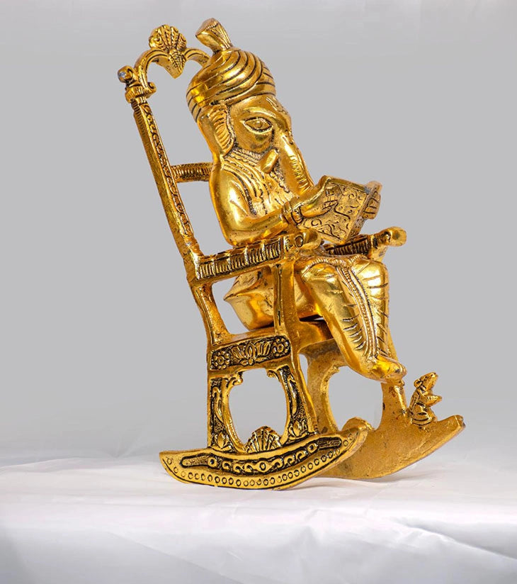 Lord Ganesha in Brass Reading in Rocking Chair – Antique Finish Sculpture for Wisdom & Intellectual Décor