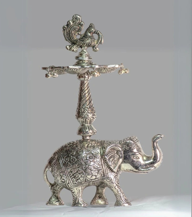 Elephant Diya in Alloy with Silver Finish – Handcrafted Diya for Spiritual & Festive Décor