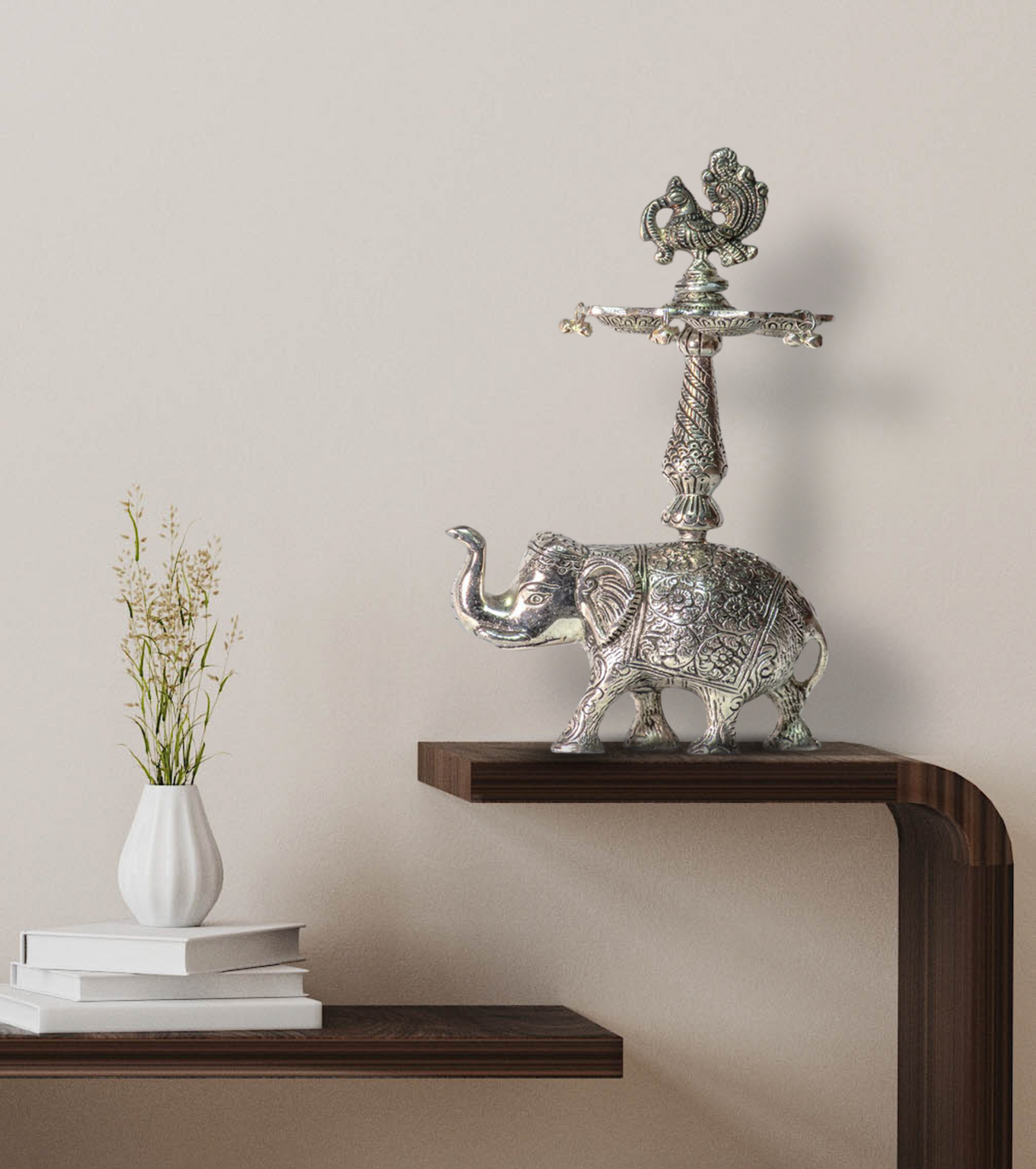 Elephant Diya in Alloy with Silver Finish – Handcrafted Diya for Spiritual & Festive Décor