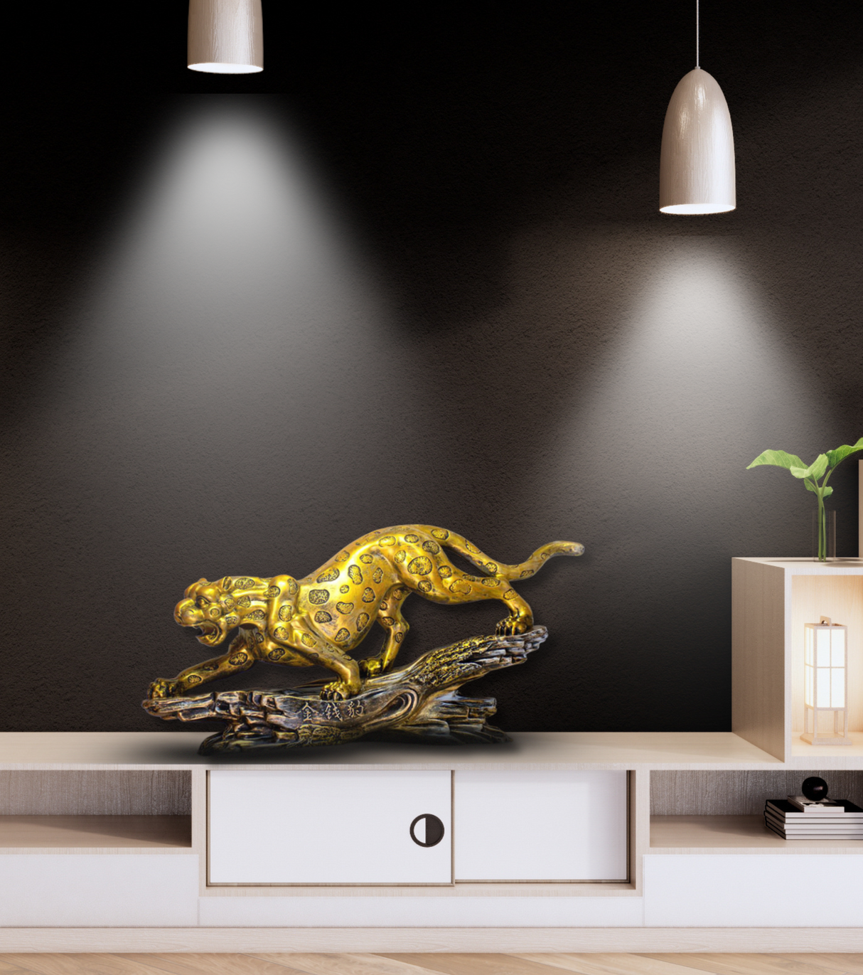 Leopard Statue in Golden Brush Metal – Handcrafted Sculpture for Strength, Courage & Feng Shui Décor