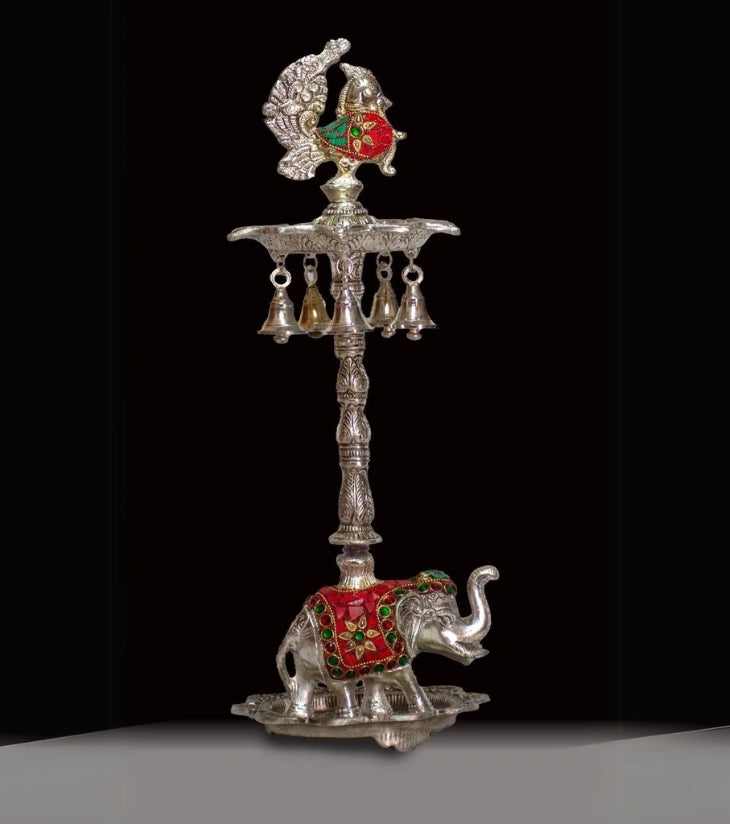 Elephant Diya Stand with Enamel Work in White Alloy – Handcrafted Spiritual Decoration for Pooja Rooms & Festive Gifting