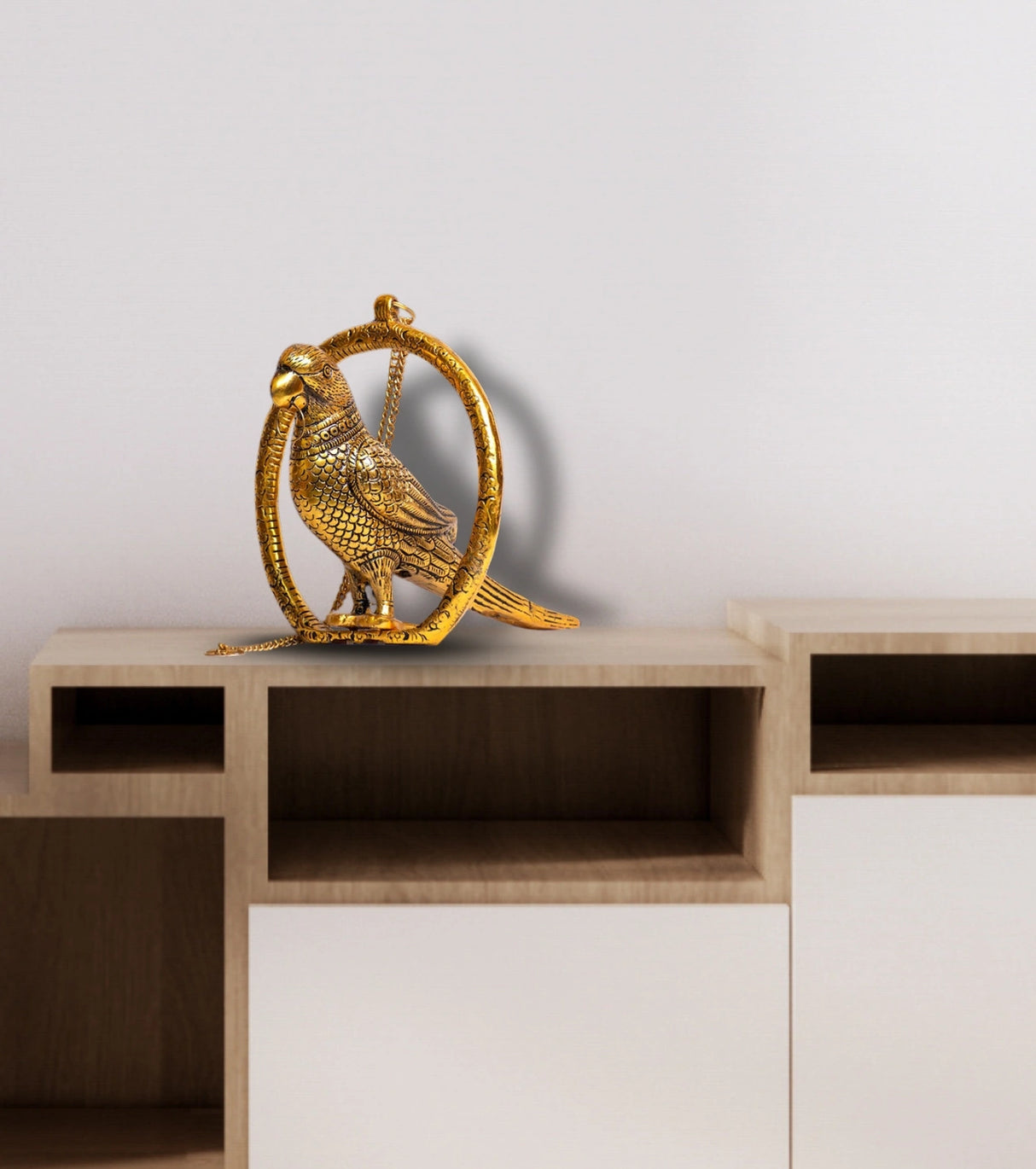 Parrot on a Perch in Brass – Handcrafted Antique Golden Finish Statue for Home Décor & Gifting