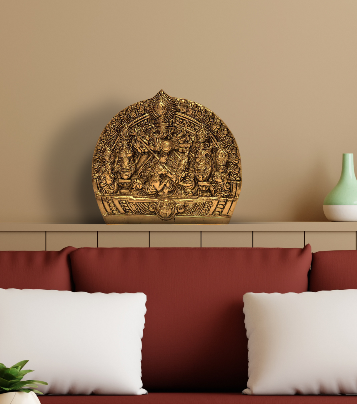 Durga Family Idol in Alloy Metal – Handcrafted Wall Hanging with Antique Gold Finish for Home & Spiritual Decor