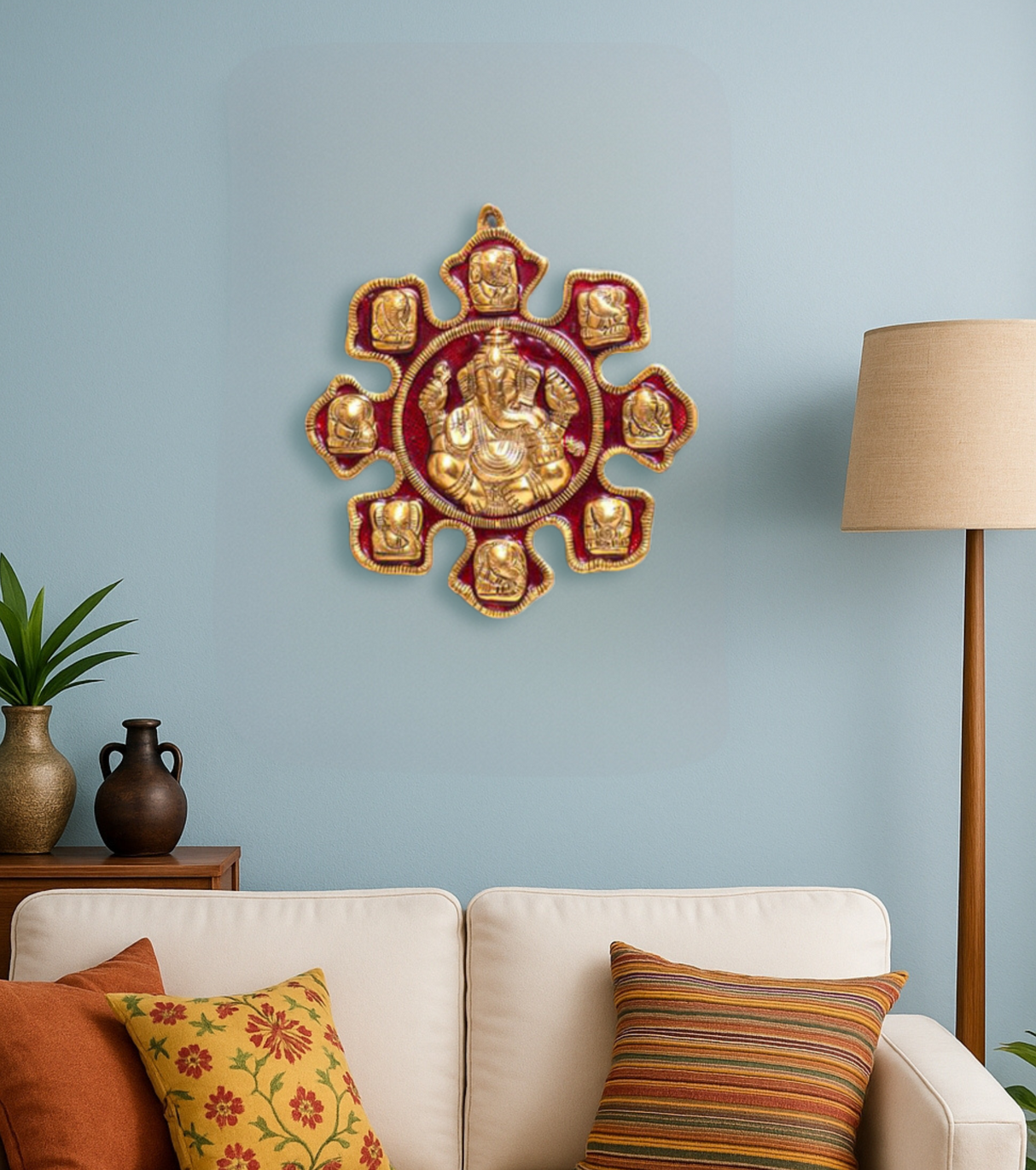 Lord Ganesha Wall Hanging in Alloy Metal – Spiritual Décor with Red Accents for Blessings & Prosperity