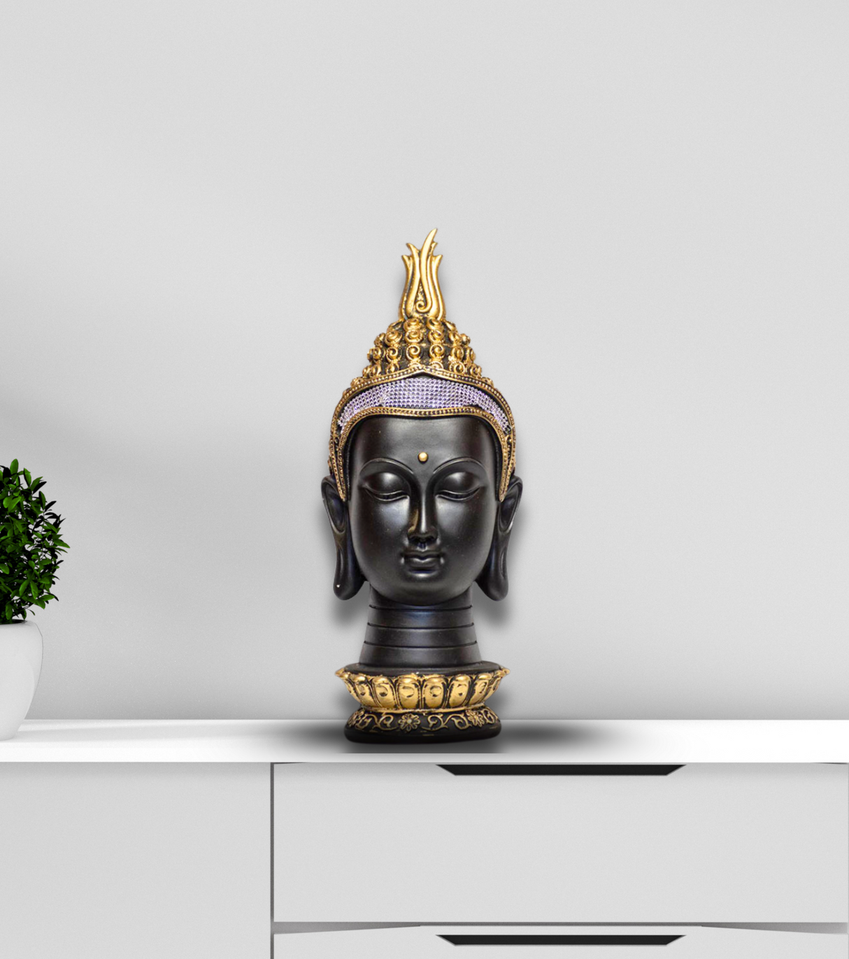 Buddha Head Sculpture in Black & Gold Alloy – Intricate Matte Black Finish with Lotus Base for Meditation & Home Décor
