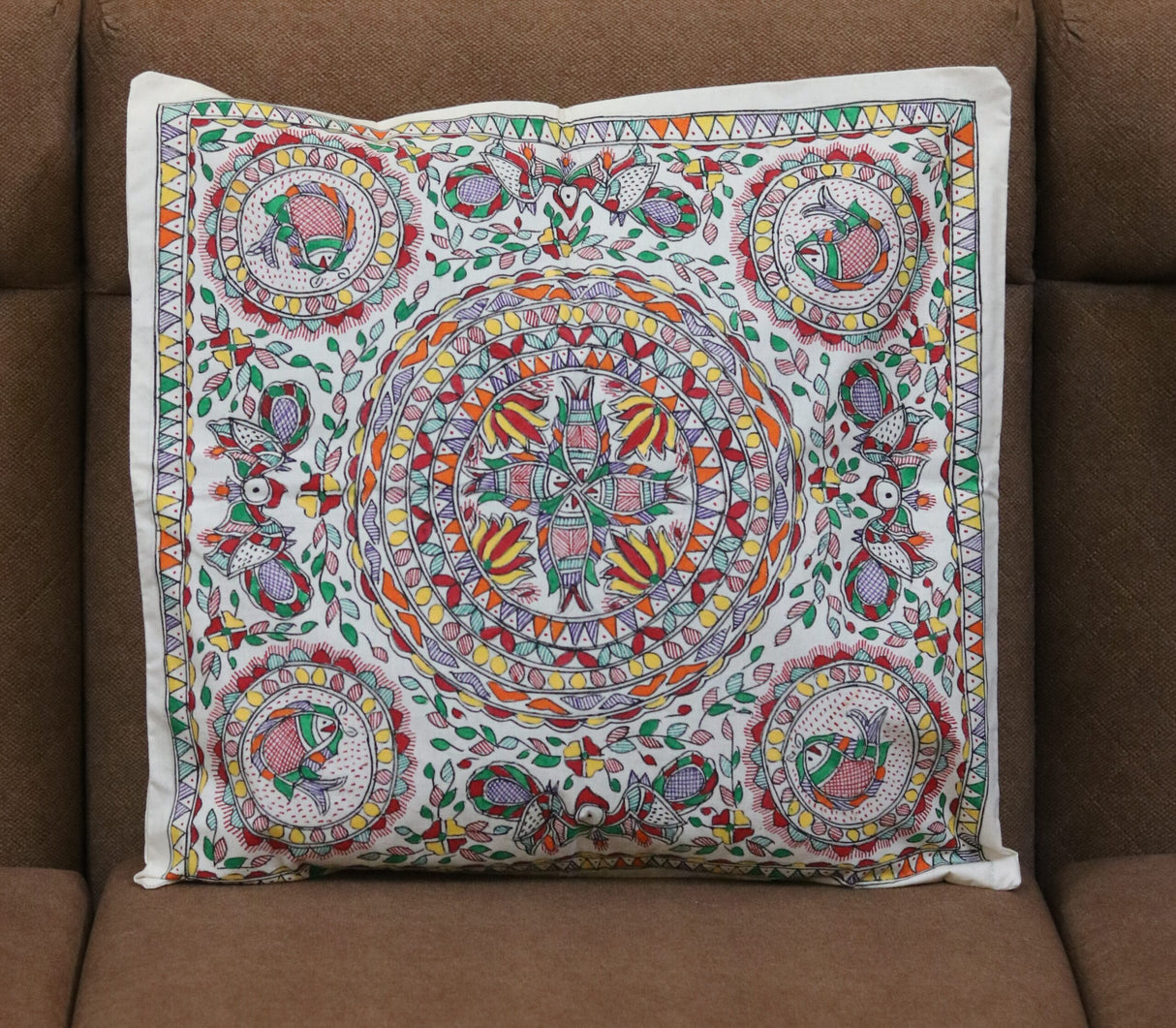 Madhubani Mandala Bloom Handpainted Cushion Cover – Floral & Fish Motif Cotton Pillow Cover (18 x 18 inch) | Traditional Indian Folk Art Home Décor - Retail Maharaj