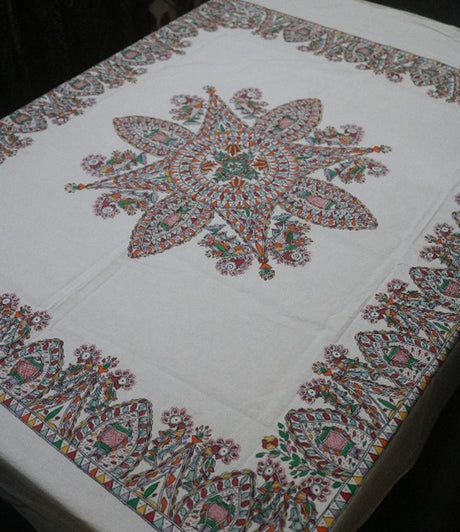 Madhubani Mandala Handpainted Tablecloth – Traditional Folk Art Dining Table Cover with Floral & Paisley Motifs (60 x 52 inch) | Ethnic Indian Home Décor - Retail Maharaj
