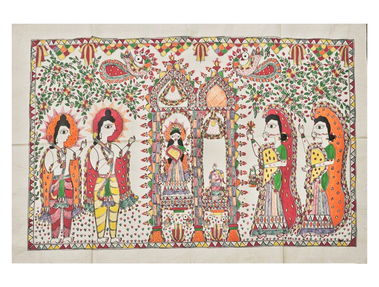 Ram Darbar – Divine Assembly Handpainted Madhubani Art (37.5 x 25 inch) | Ramayana-Themed Folk Painting on Cotton | Spiritual Wall Décor & Gifting - Retail Maharaj