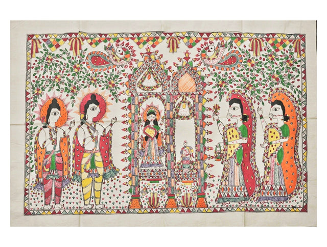 Ram Darbar – Divine Assembly Handpainted Madhubani Art (37.5 x 25 inch) | Ramayana-Themed Folk Painting on Cotton | Spiritual Wall Décor & Gifting - Retail Maharaj