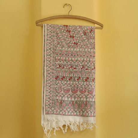 Ethnic Harmony Handpainted Madhubani Cotton Stole – Red & Black Tribal Motif Dupatta (92 x 23 inch) | Pure Cotton Traditional Indian Wear for Women - Retail Maharaj