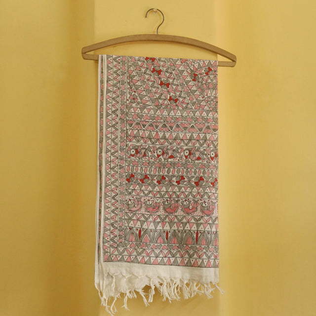 Ethnic Harmony Handpainted Madhubani Cotton Stole – Red & Black Tribal Motif Dupatta (92 x 23 inch) | Pure Cotton Traditional Indian Wear for Women - Retail Maharaj