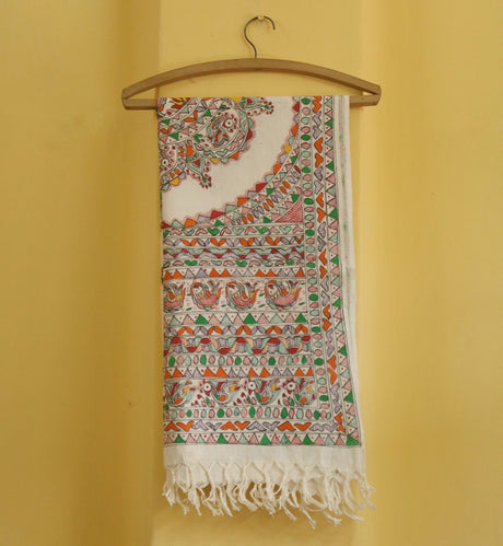 Harmony of Birds Madhubani Handpainted Cotton Stole – Bird & Floral Motif Dupatta in Folk Art Style (92 x 23 inch) | Pure Cotton Ethnic Wrap for Women - Retail Maharaj