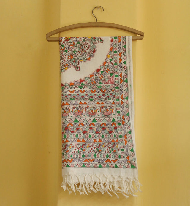 Harmony of Birds Madhubani Handpainted Cotton Stole – Bird & Floral Motif Dupatta in Folk Art Style (92 x 23 inch) | Pure Cotton Ethnic Wrap for Women - Retail Maharaj
