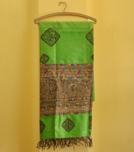 Emerald Heritage Madhubani Silk Dupatta – Handpainted Green Dupatta with Traditional Folk Motifs (97.5 x 35 inch) | Indian Ethnic Wear for Festivals & Gifting - Retail Maharaj