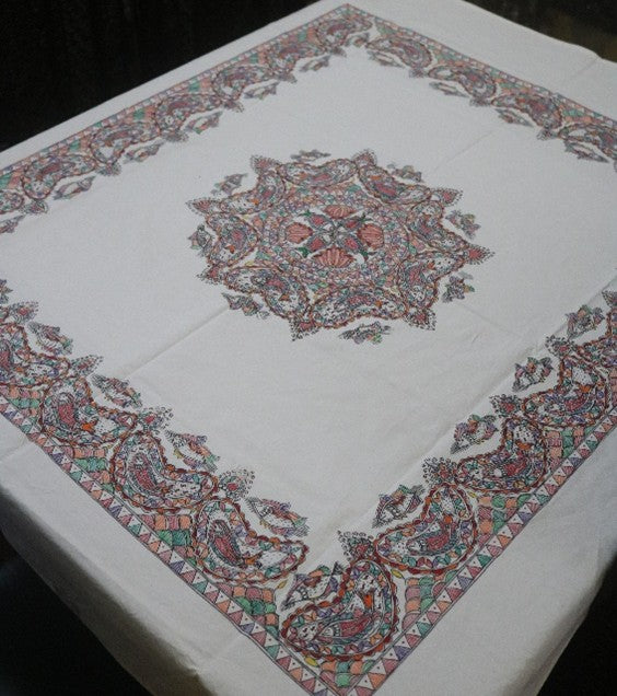 Madhubani Mandala Handpainted Tablecloth – Traditional Folk Art Dining Table Cover with Floral & Paisley Motifs (60 x 52 inch) | Ethnic Indian Home Décor - Retail Maharaj