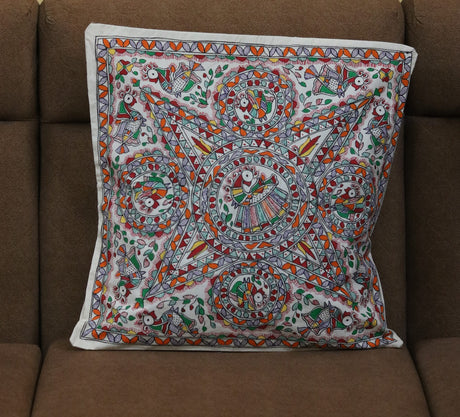 Madhubani Starbirds Handpainted Cushion Cover – Bird & Floral Starburst Design on Cotton (18 x 18 inch) | Traditional Indian Folk Art for Home Décor - Retail Maharaj