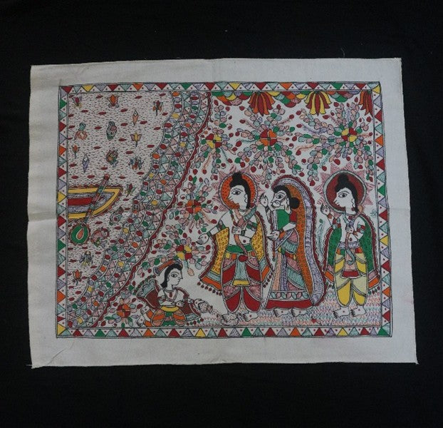 Sita’s Agni Pariksha Handpainted Madhubani Painting – Ramayana Trial by Fire Scene on Cotton Fabric (23 x 18 inch) | Mythological Folk Art for Spiritual Décor & Gifting - Retail Maharaj