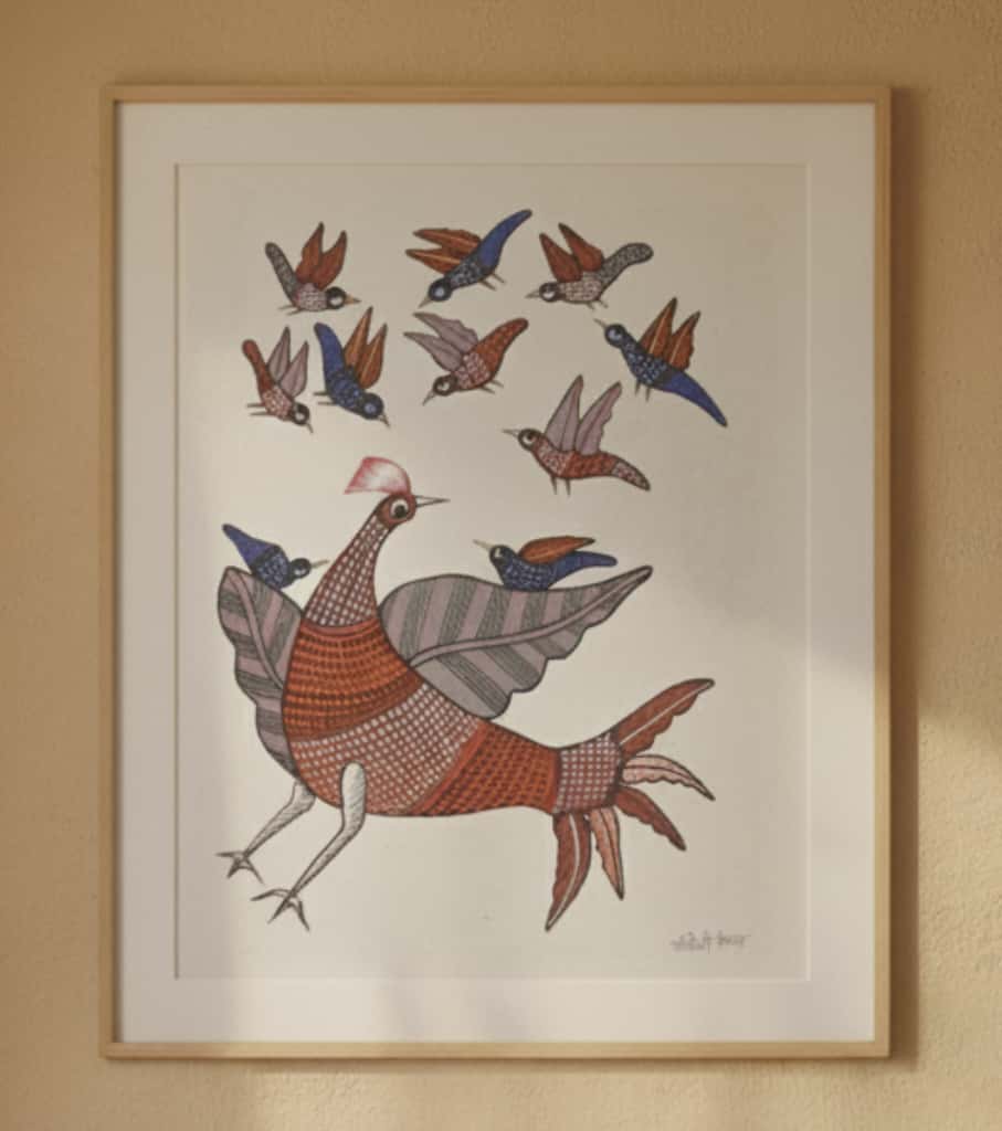 Authentic Gond Painting – Mythical Bird & Flying Flock Handmade Tribal Art (11 × 15 Inch)
