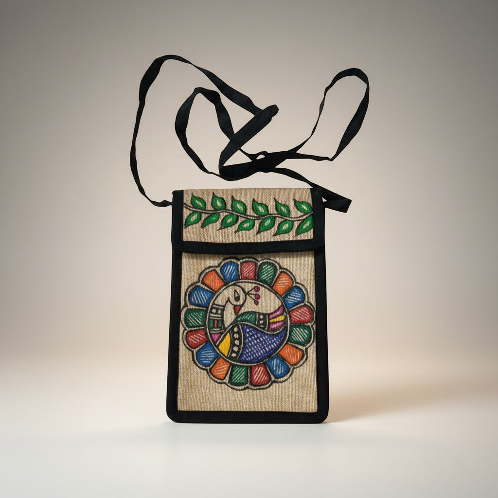 Handmade Madhubani Mobile Pouch – Jute Mithila Art Phone Bag | Eco-friendly Folk Art Accessory - Retail Maharaj