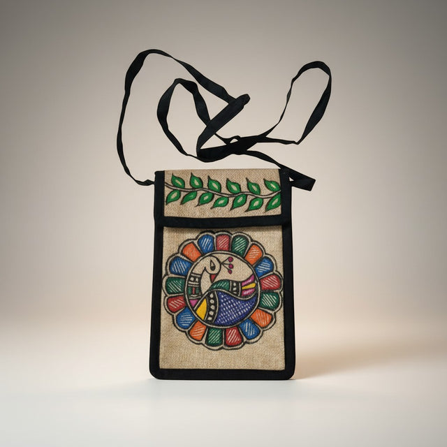 Handmade Madhubani Mobile Pouch – Jute Mithila Art Phone Bag | Eco-friendly Folk Art Accessory - Retail Maharaj