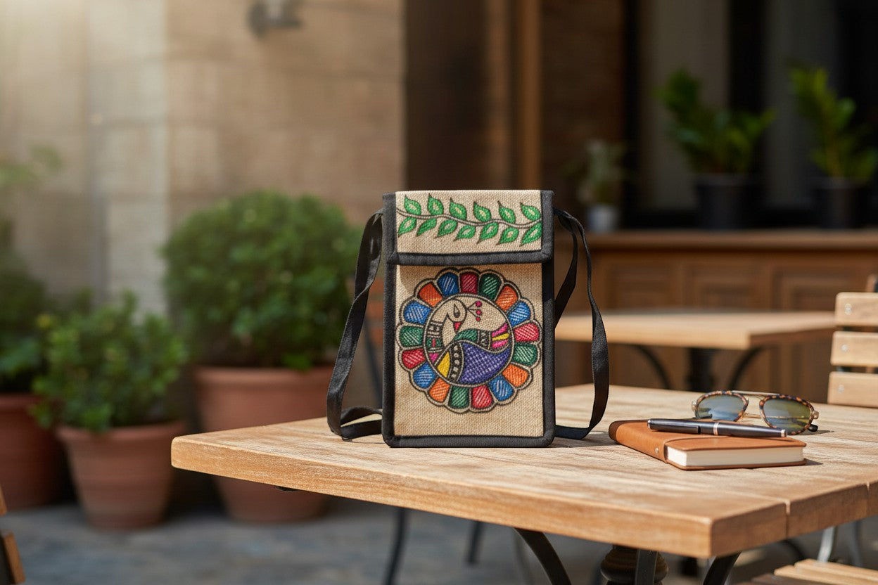 Handmade Madhubani Mobile Pouch – Jute Mithila Art Phone Bag | Eco-friendly Folk Art Accessory - Retail Maharaj