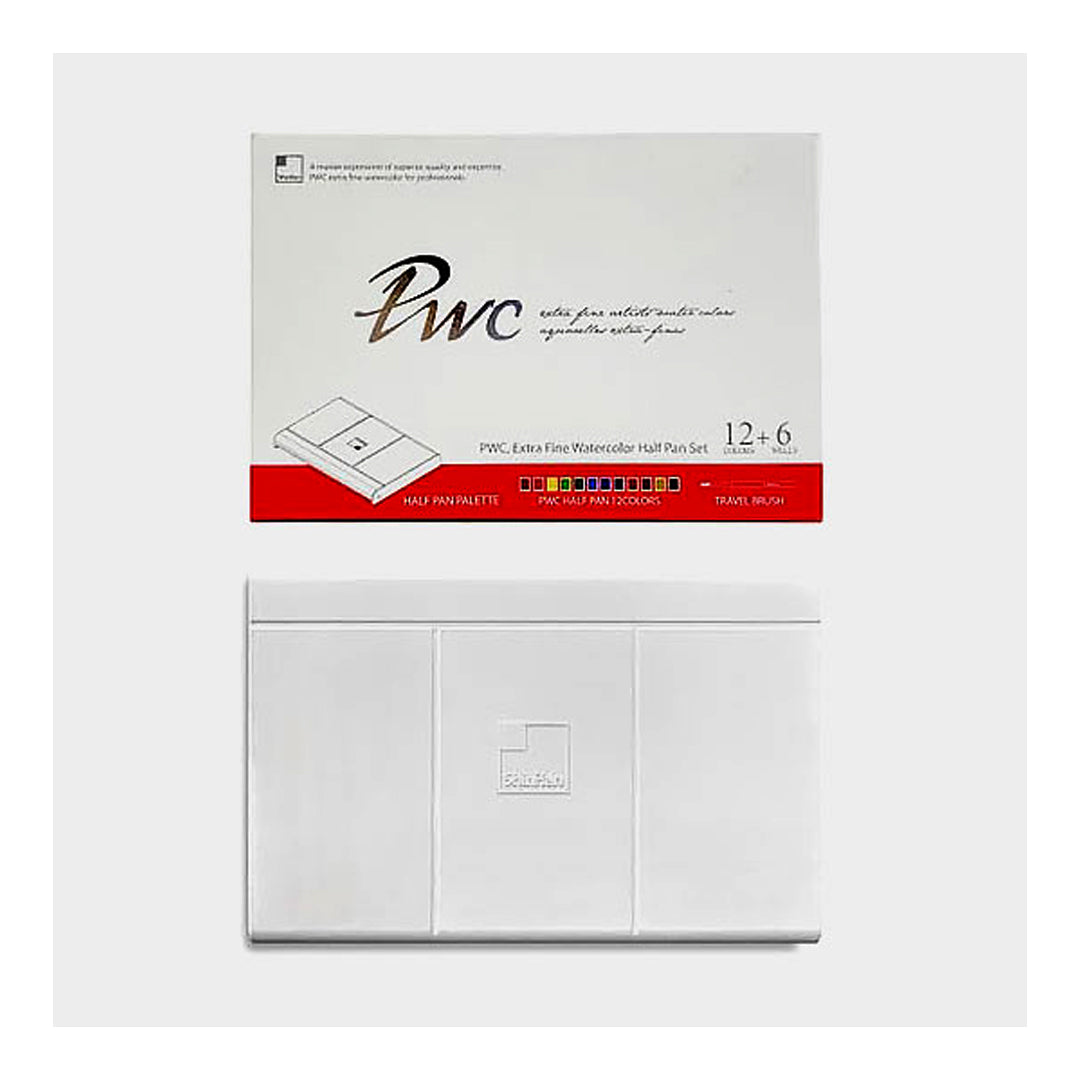 ShinHan PWC, Extra Fine Water Color Half Pan Set – 12 Colors + 6 Wells (FREE Travel Brush Included)
