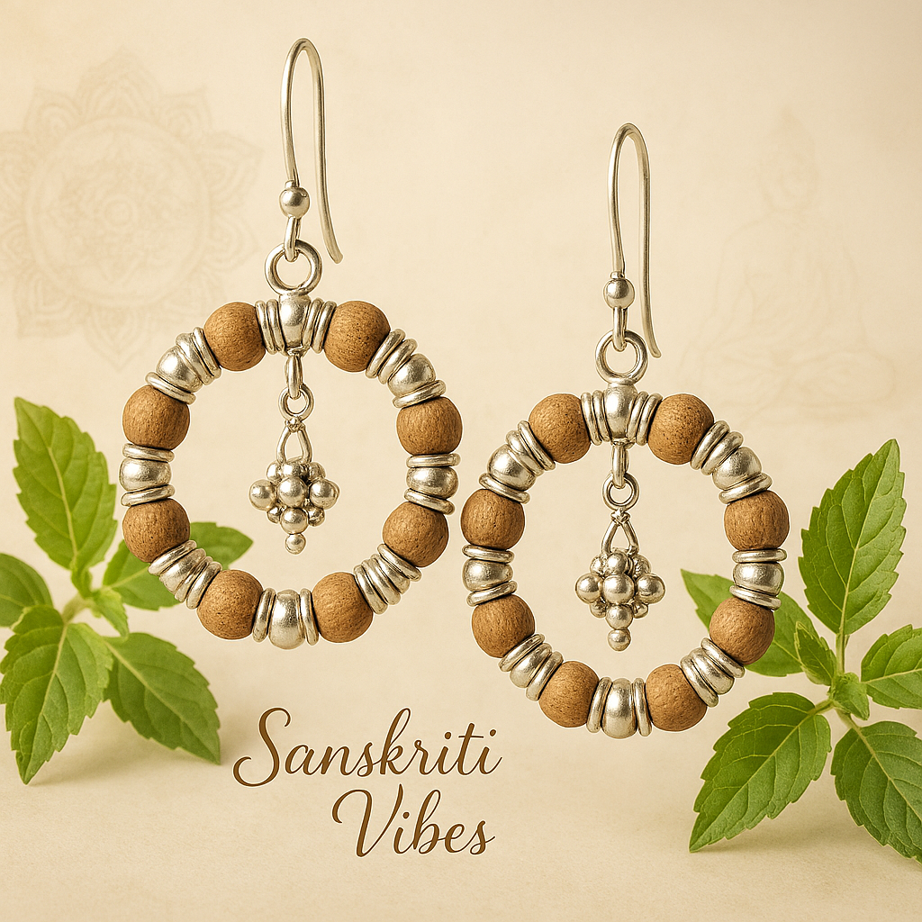 Premium Silver Tulsi Beads Kundal – 92.5% Silver with Tulsi Beads