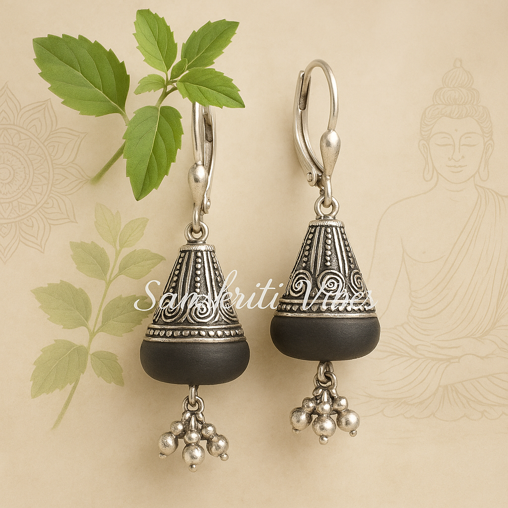 Pure Silver Shyma Black Tulsi Earrings – Antique Design 92.5% Silver, Spiritual Jewelry