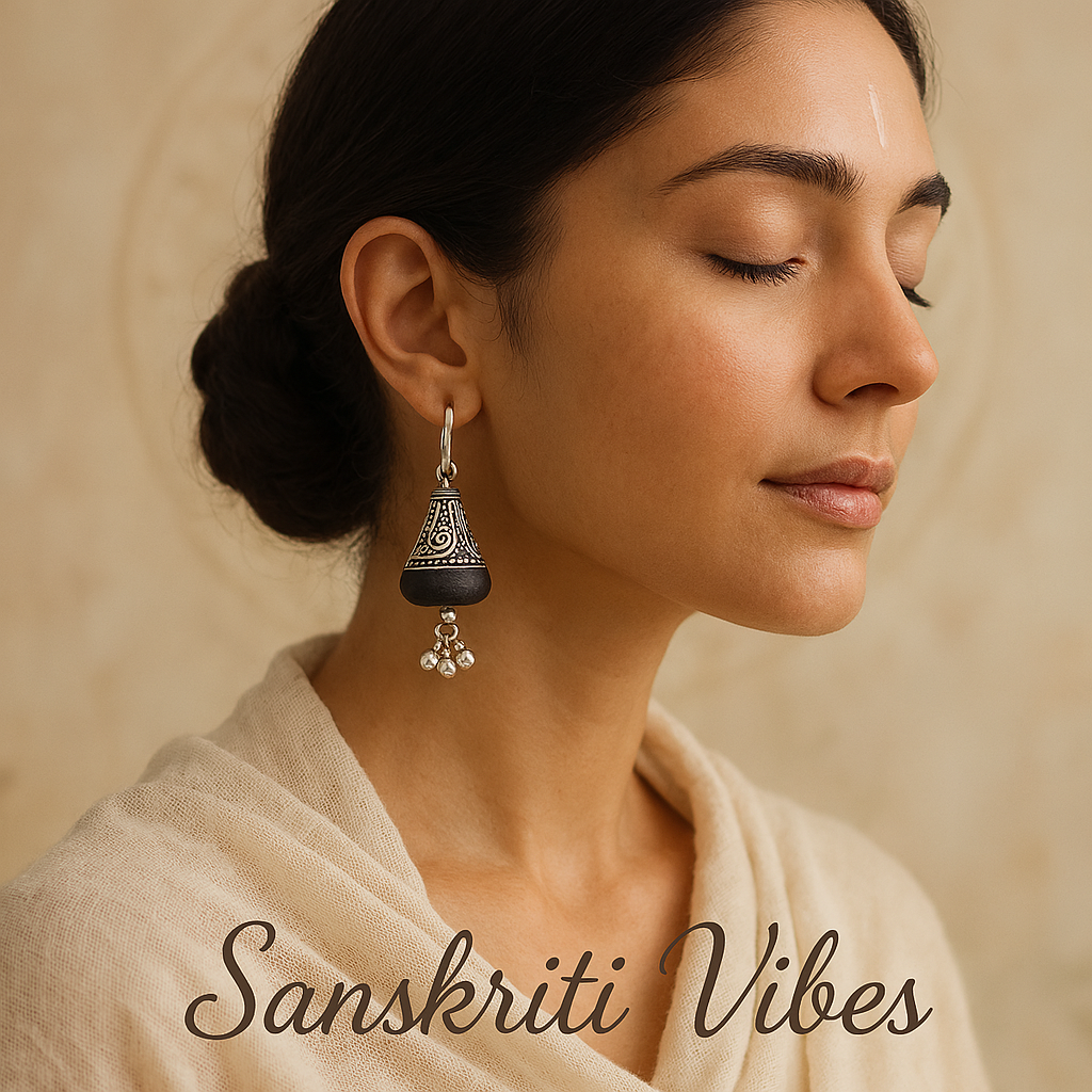 Pure Silver Shyma Black Tulsi Earrings – Antique Design 92.5% Silver, Spiritual Jewelry