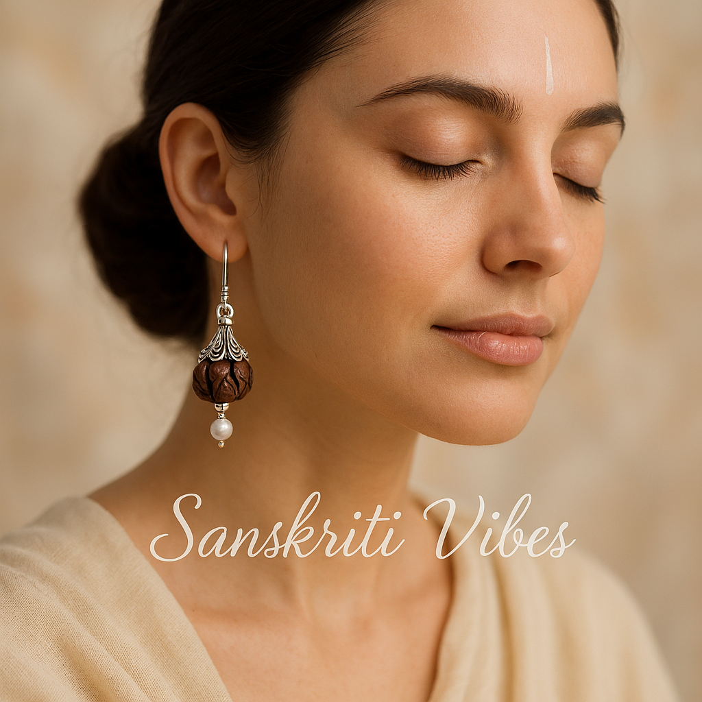 Sterling Silver Capped Tulsi Radha Carved Bead Designed Earrings – Divine Spiritual Jewelry