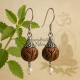 Sterling Silver Capped Tulsi Radha Carved Bead Designed Earrings – Divine Spiritual Jewelry