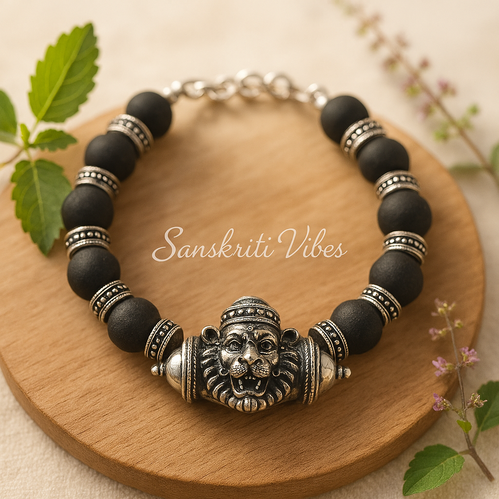 Narasimha Kavach with Black Tulsi Beads Bracelet in Silver – Divine Protection Jewelry