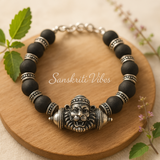 Narasimha Kavach with Black Tulsi Beads Bracelet in Silver – Divine Protection Jewelry
