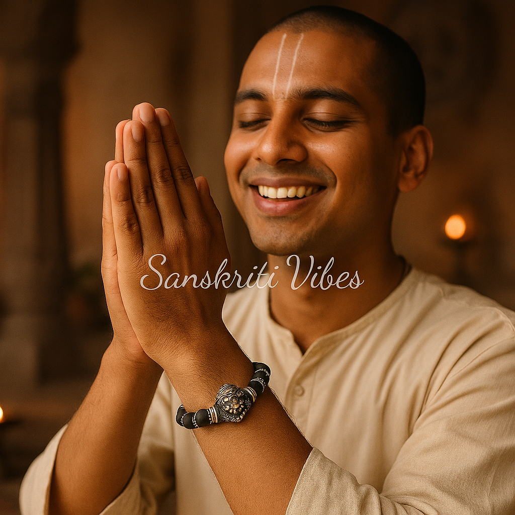 Narasimha Kavach with Black Tulsi Beads Bracelet in Silver – Divine Protection Jewelry