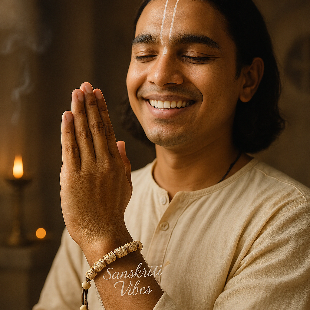 Shri Radha Carved Original Tulsi Beads Bracelet with Adjustable Thread for Divine Blessings