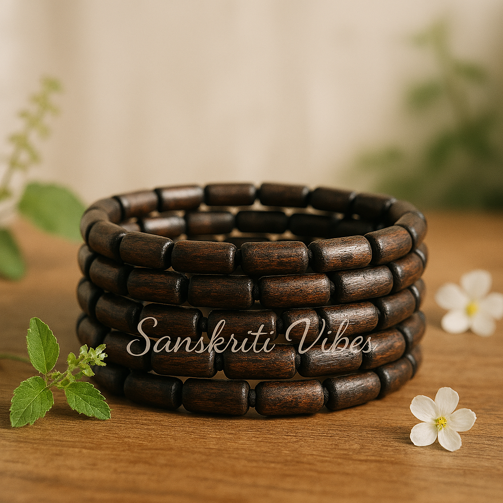 Natural Dark Brown Shyama Tulsi Beads Handmade Bracelet in 5 Strings – Premium/Trendy for Spiritual Wellness