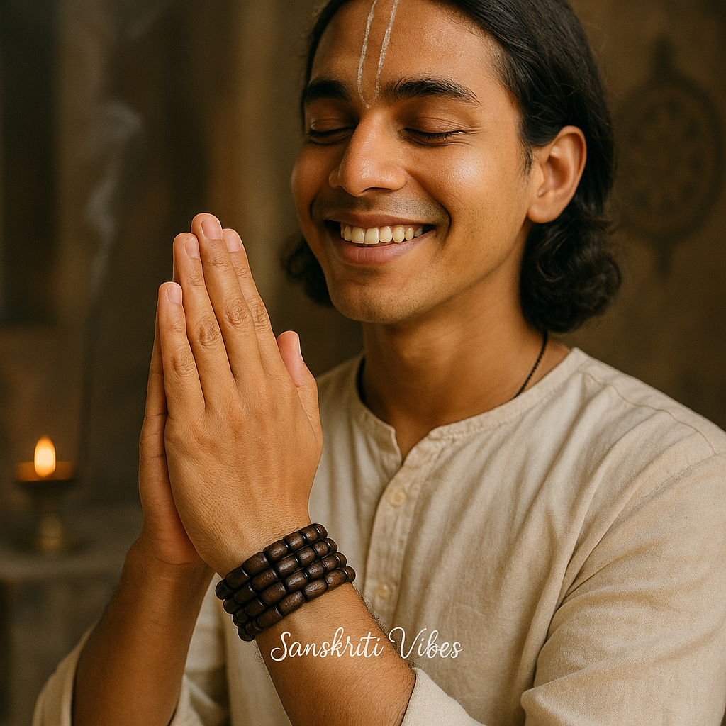 Natural Dark Brown Shyama Tulsi Beads Handmade Bracelet in 5 Strings – Premium/Trendy for Spiritual Wellness