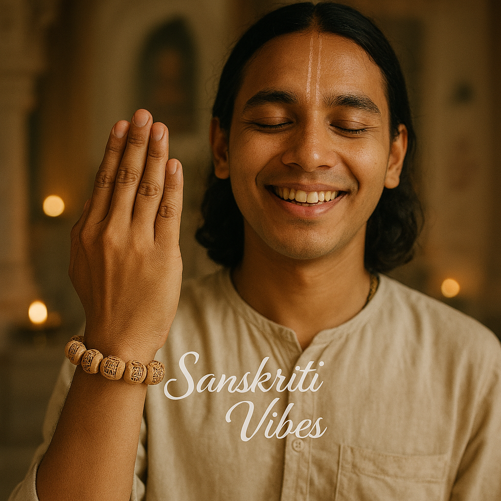 Radha Radha Naam Carved Original Tulsi Bracelet – Adjustable & Elastic for Spiritual Wellness