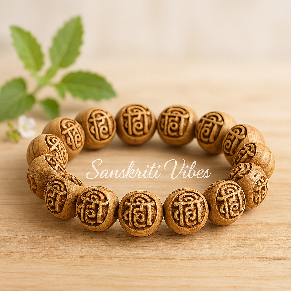 Radha Radha Naam Carved Original Tulsi Bracelet – Adjustable & Elastic for Spiritual Wellness