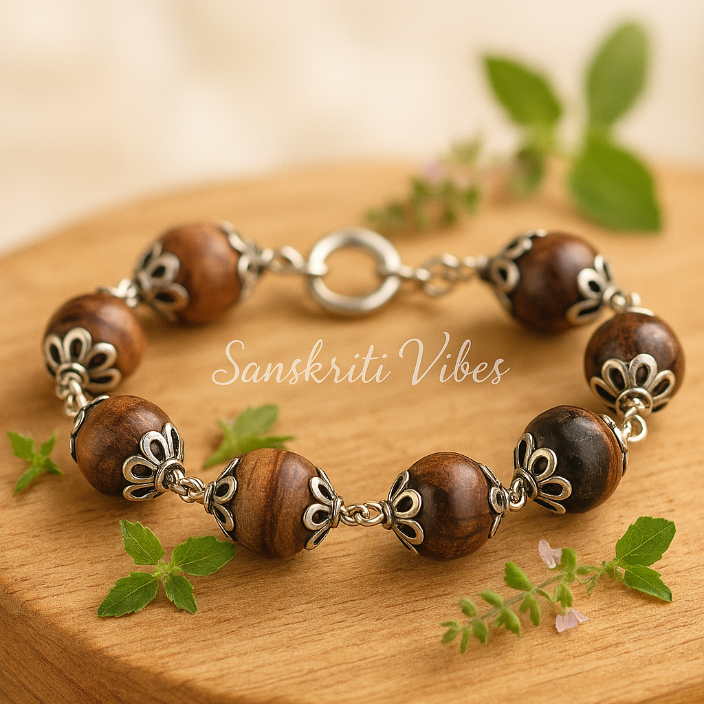 Tulsi Beads with Tiger Ball Bracelet in Silver Cap – 92.5% Silver with 12mm Beads