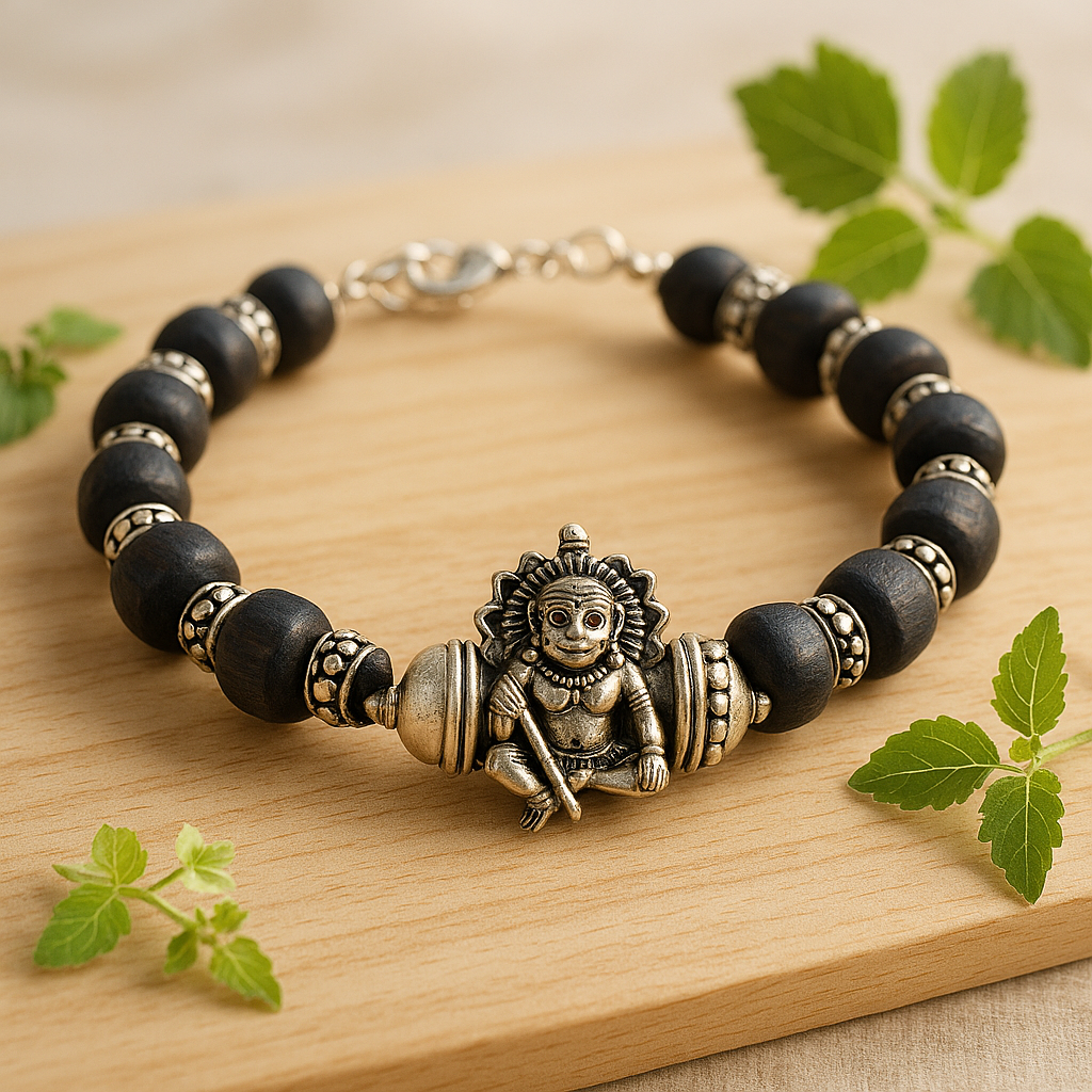 Pure Tulsi Special Narasimha Strong Kavach Silver Bracelet – Adjustable 92.5% Silver with Black Tulsi Beads