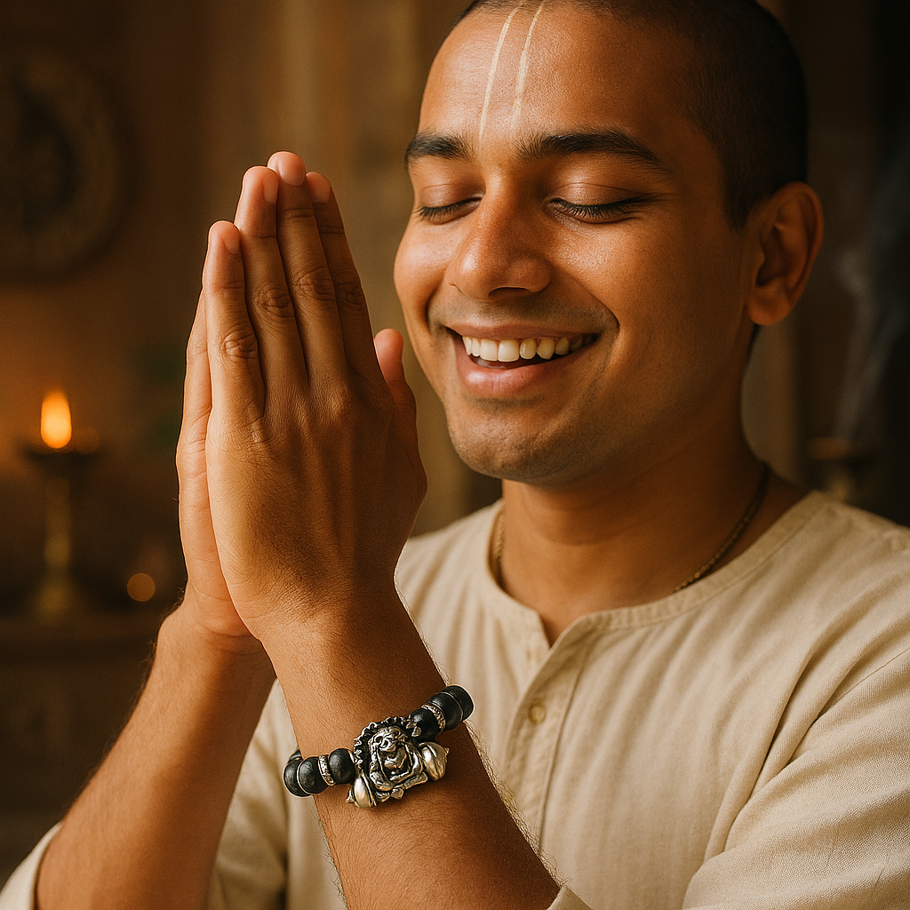 Pure Tulsi Special Narasimha Strong Kavach Silver Bracelet – Adjustable 92.5% Silver with Black Tulsi Beads