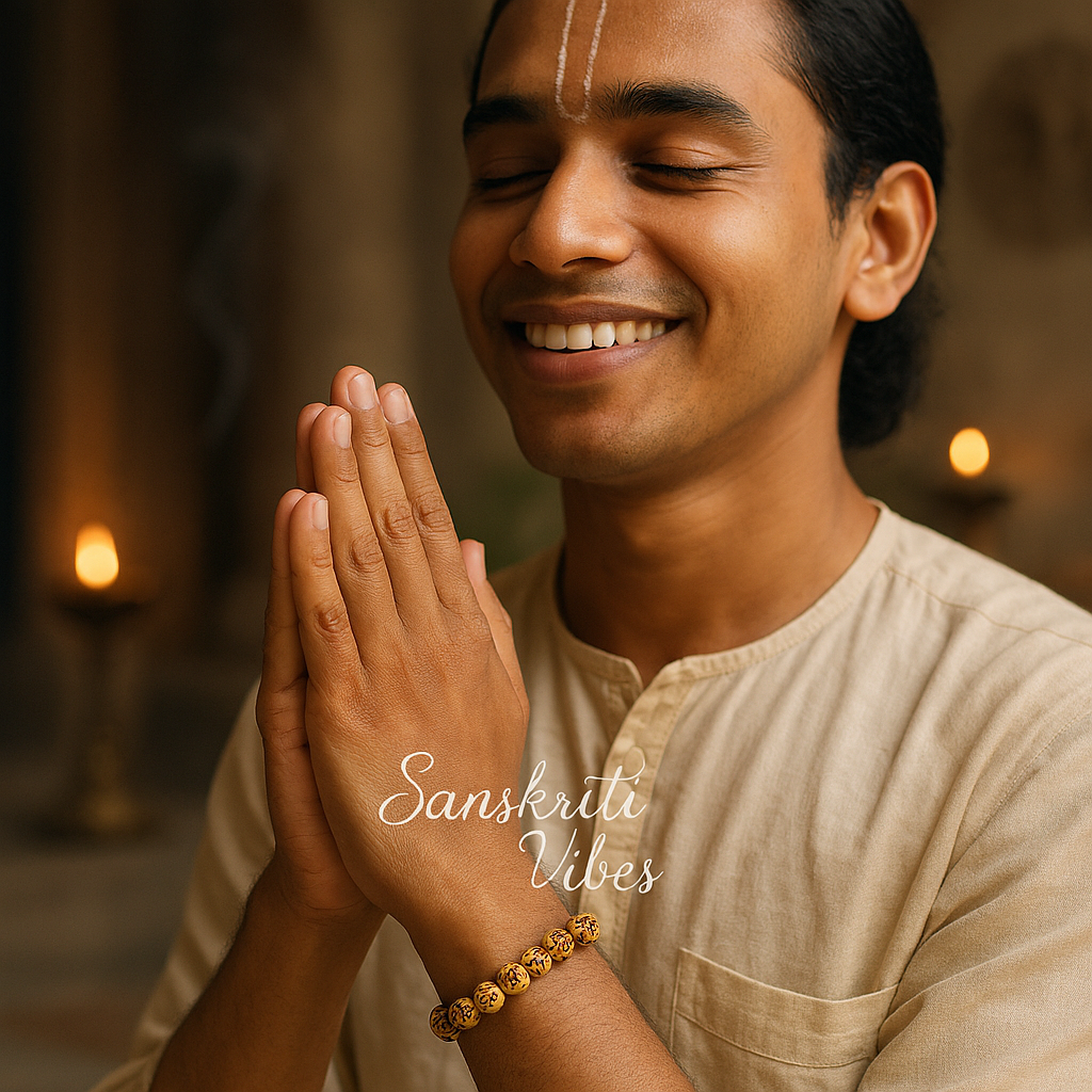 Om Carved Tulsi Beads Bracelet in Elastic Pattern – Sacred Spiritual Bracelet for Devotees